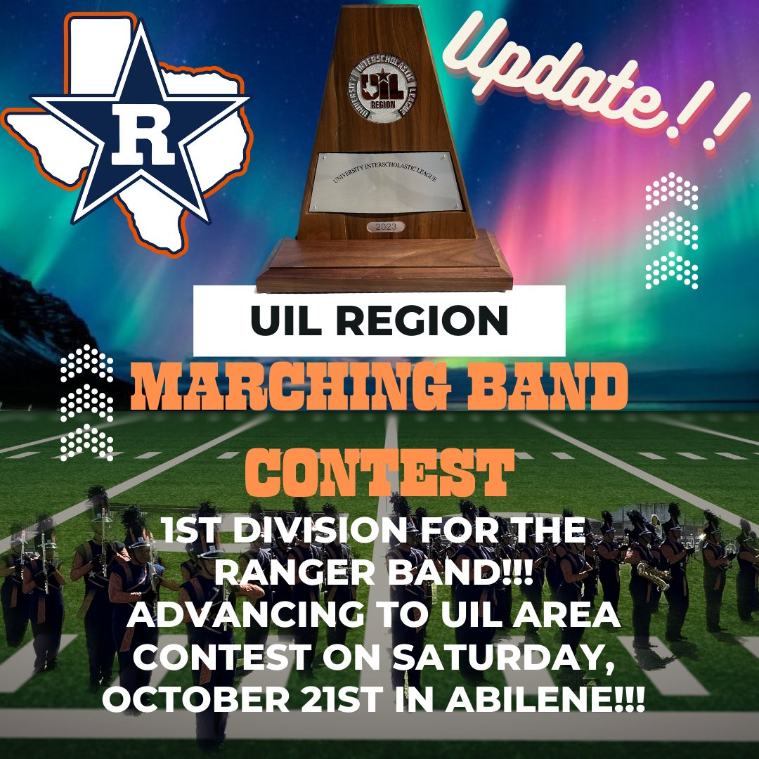 Great News!  Your Ranger Band earned a 1st Division Rating from all 3 judges and will advance to the UIL Area Marching Contest for the third consecutive year!!!  Thank you to our Band Parents, Administration, YISD Fine Arts, staff and all of our supporters! #SaddleUp