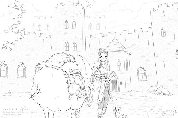 Inktober Day 14 - CastleScene from Pokemon Armor Project - Hop and his Pokemon seeing a castle for the first time  