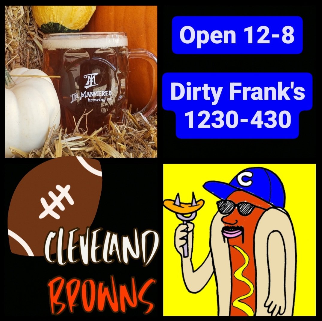 Let's Go Browns! Browns-49ers today at 1. Catch all the action in the taproom or on the patio. Enjoy a Dawg Pounder Tailgate Ale, a Greg-O-Lantern, or an Erie Beerie on this fall football Sunday! @dirtyfranksdogs will be serving 1230-430! Backers art @SamFout @PowellBrowns