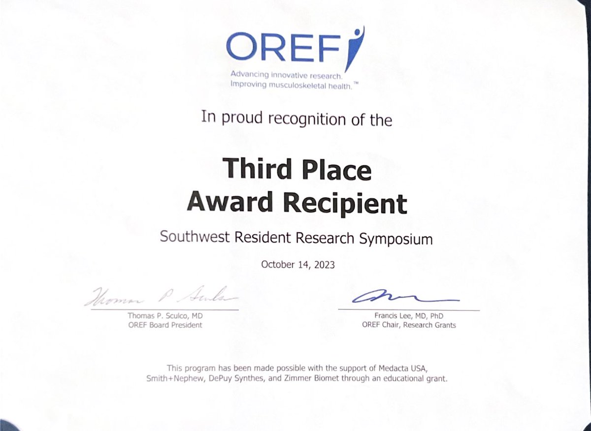 Had the opportunity to present our <a href="/UTHealthSAOrtho/">UT Health San Antonio Orthopaedic Residency</a> research at the OREF Resident Research Symposium.

Thanks to <a href="/HenryEllisMD/">Henry Ellis</a> <a href="/AJ_JohnsonMD/">AJ Johnson MD</a> <a href="/KevinBozic/">Kevin Bozic</a> <a href="/DrDavidRing/">David Ring</a> and <a href="/TXOrthoAssn/">TX Orthopaedic Assn</a> for the continued support for the future of orthopaedics