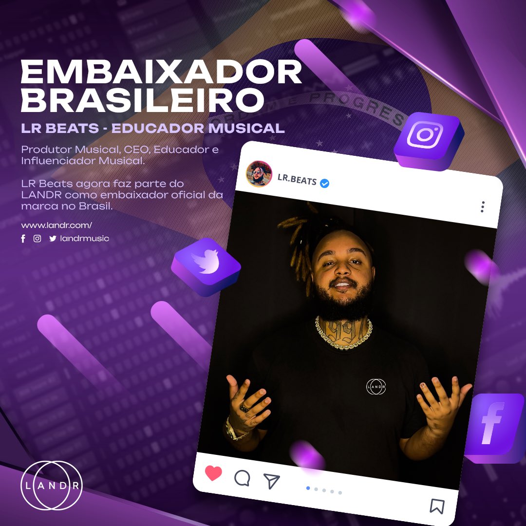 É com enorme prazer que venho anunciar que sou o novo embaixador da LANDR no Brasil 🇧🇷 

A maior plataforma online de criação musical para artistas e produtores.

Mais um passo importantíssimo para o cenário de produção brasileiro 🙏🏽