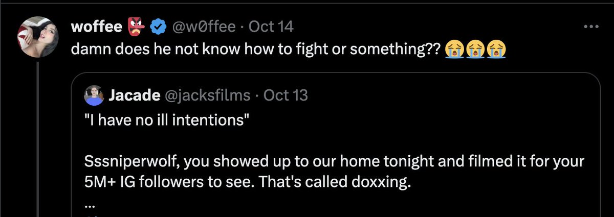 TheRealSullyG's tweet photo. Now SSSniperwolf's sister is encouraging fans to look up Jacksfilms address, in addition to confirming they were 100% there to harm him.

@YouTube @TeamYouTube @YouTubeCreators You are cultivating a platform of hate, harassment, and violence every second you don't take action. https://t.co/rdXI6WIwOK