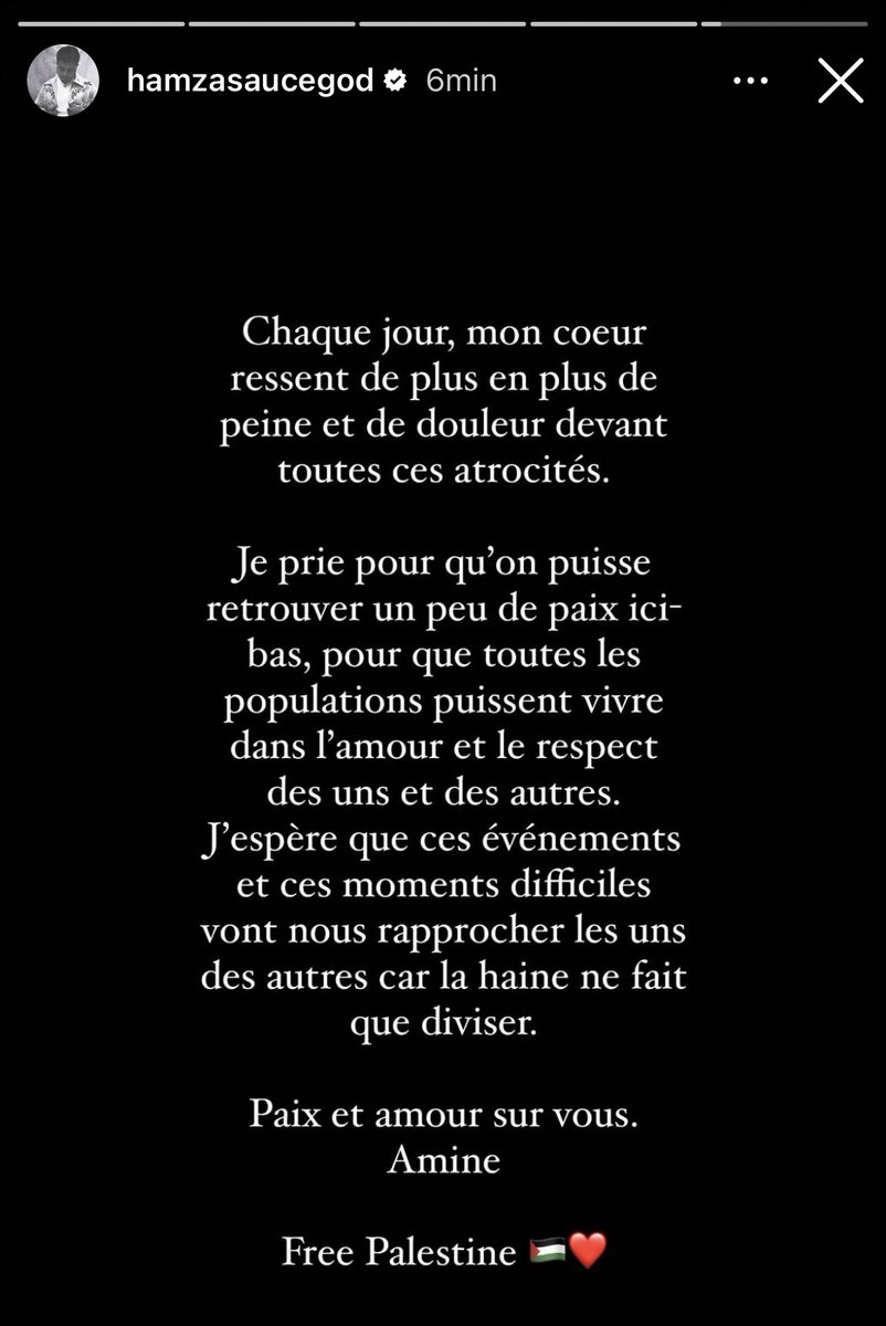 ShadesFrance's tweet photo. HAMZA prend également la parole suite aux récents événements à Gaza 🇵🇸

"En voyant toutes ces horreurs depuis plusieurs jours, je me demande s'il reste encore un peu d'humanité dans ce monde de plus en plus sombre." https://t.co/GX6JcVebNN