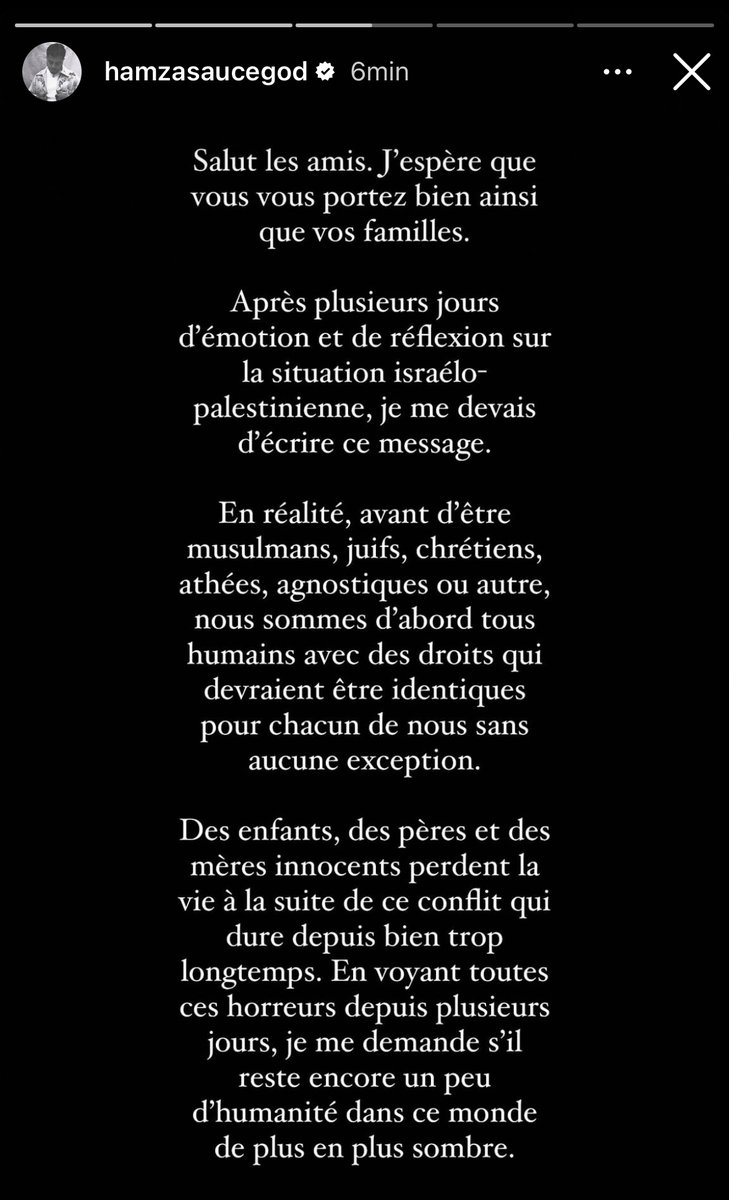 ShadesFrance's tweet photo. HAMZA prend également la parole suite aux récents événements à Gaza 🇵🇸

"En voyant toutes ces horreurs depuis plusieurs jours, je me demande s'il reste encore un peu d'humanité dans ce monde de plus en plus sombre." https://t.co/GX6JcVebNN
