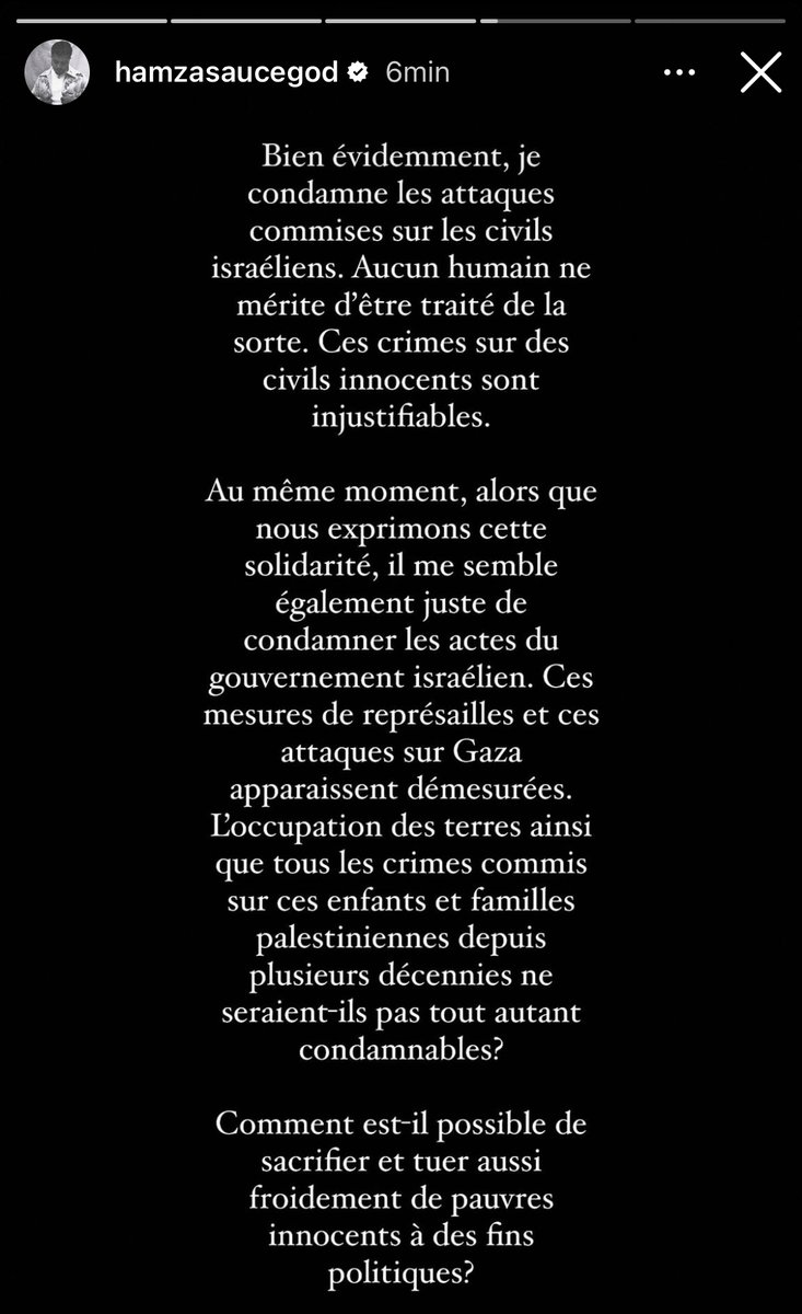 ShadesFrance's tweet photo. HAMZA prend également la parole suite aux récents événements à Gaza 🇵🇸

"En voyant toutes ces horreurs depuis plusieurs jours, je me demande s'il reste encore un peu d'humanité dans ce monde de plus en plus sombre." https://t.co/GX6JcVebNN