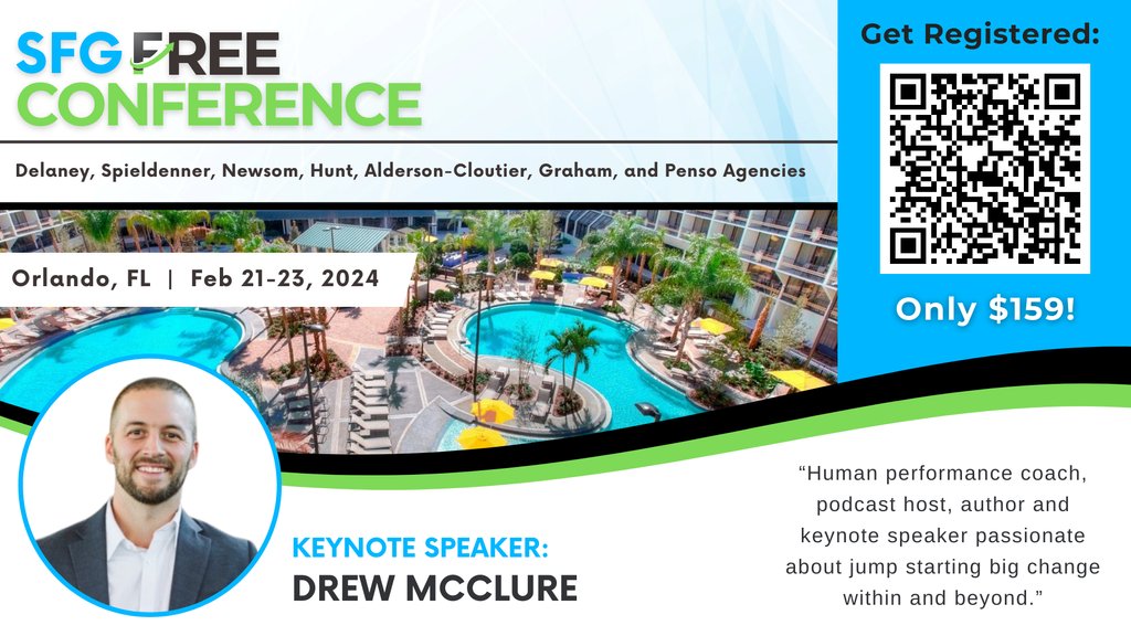 We're excited to announce that Human Performance Coach Drew McClure will be a Keynote Speaker at the SFG Free Conference in Orlando! Get registered: tinyurl.com/SFGFree2024

#SFG1 #SFGFree #Symmetry #SymmetryFinancial #Orlando #FL #Sales #Conference #Insurance #Opportunity