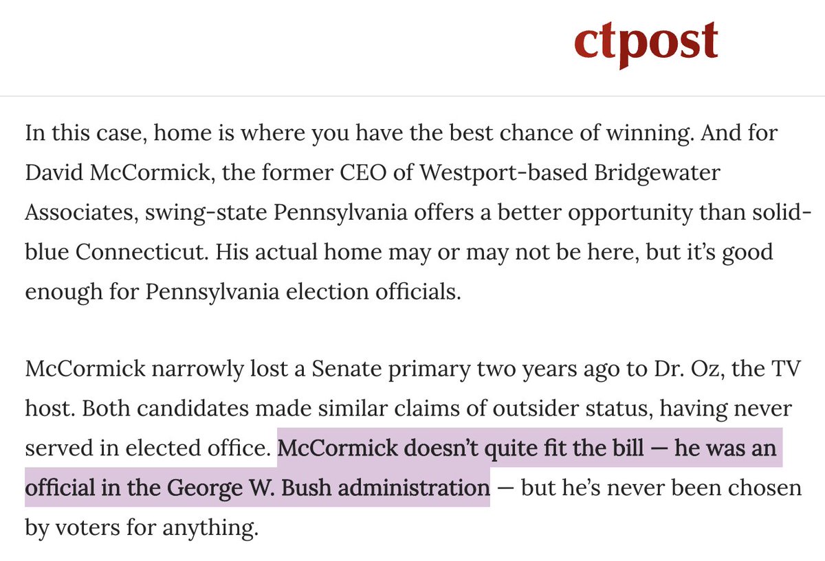 dabbs346's tweet photo. Dave McCormick's hometown paper takes it to him: he's doesn't live in Pennsylvania and he's not actually an outsider (having served in the Bush administration)

#pasen #ctpol

https://t.co/xtVC6cE5UO https://t.co/renVbMZUYA