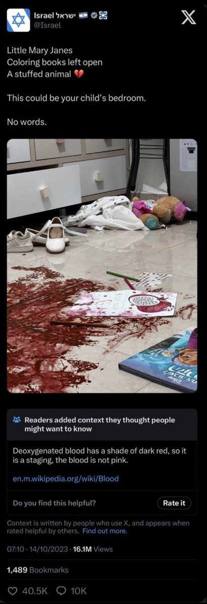 The State of Israel’s official X profile <a href="/Israel/">Israel ישראל</a> has posted a staged picture of fake blood in a child’s bedroom.

This type of war propaganda is absolutely sickening and despicable! 

They also pushed the fake story about “40 beheaded babies”.

They have no shame! 🇮🇱