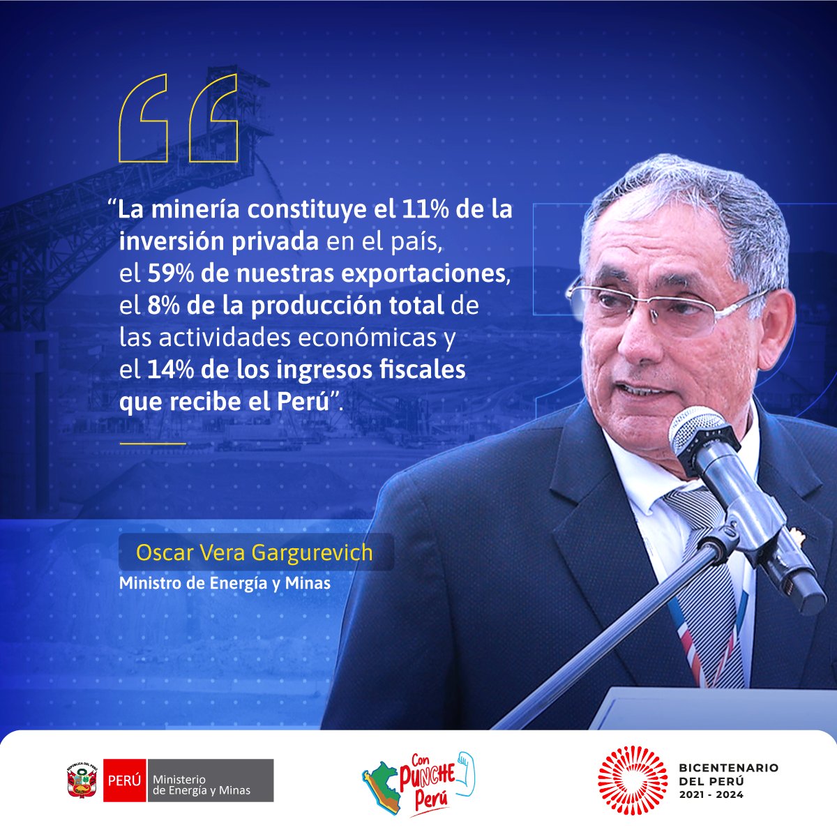 MinemPeru's tweet image. 🔴 #PERUMIN36 | "El 11% de la inversión privada en el Perú lo constituye la minería", afirmó el ministro Oscar Vera.