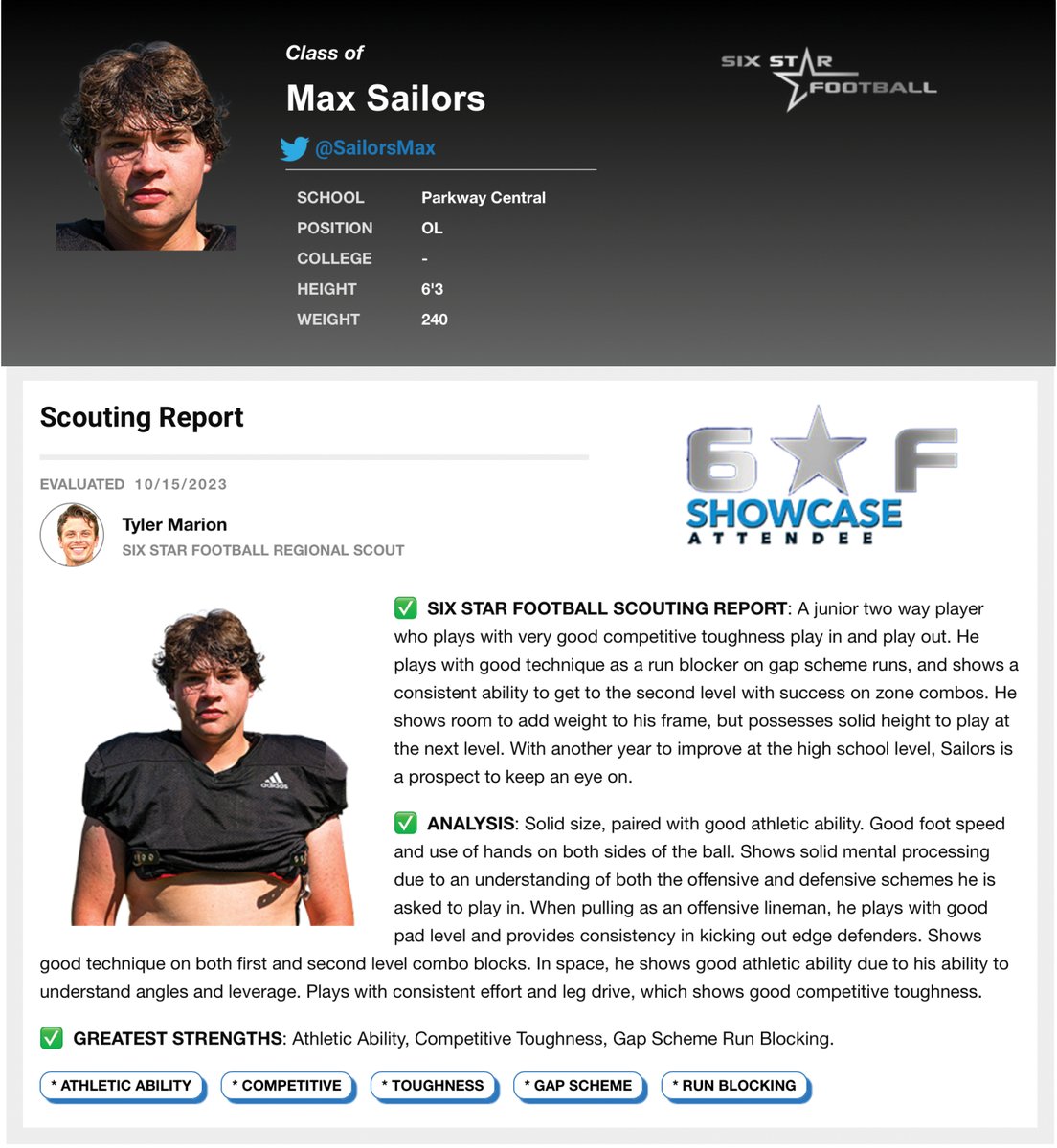 6starfootballMO's tweet photo. SCOUTING REPORT I  Max Sailers

6'3, 240 I OL I 2025 I  Parkway Central (MO) I
@SailorsMax 

📈 Underrated OL prospect. shows athletic ability, Competitive Toughness, Gap Scheme Run Blocking.

FILM 📽️ https://t.co/DonOsw0KdW

PROFILE👤https://t.co/Ewc2o062pG