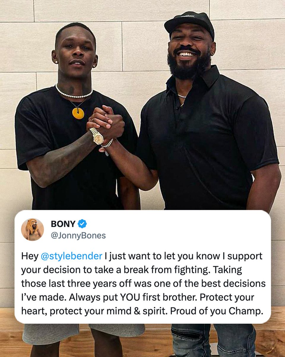 espnmma's tweet photo. Jon Jones sends his support to Israel Adesanya after he announced his break from fighting 🤝

(h/t @JonnyBones) https://t.co/8enSx8rmGz