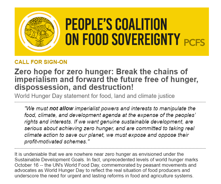 PCFSGlobal's tweet photo. LASTLY, 𝐫𝐞𝐚𝐝 𝐚𝐧𝐝 𝐬𝐢𝐠𝐧 𝐨𝐧 𝐨𝐮𝐫 𝐔𝐧𝐢𝐭𝐲 𝐒𝐭𝐚𝐭𝐞𝐦𝐞𝐧𝐭: "Zero hope for zero hunger: Break the chains of imperialism and forward the future free of hunger, dispossession, and destruction!" HERE➡️ https://t.co/BVs62VR8zb https://t.co/MTqtCAZgW9