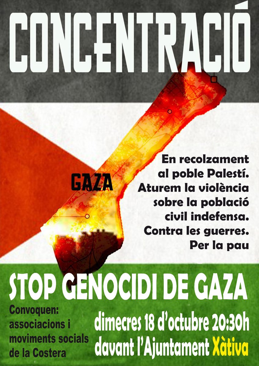 Lo que está sucediendo en Gaza es un atentado brutal contra los derechos humanos frente al que no cabe ni la indiferencia ni la equidistancia.
Convocatoria abierta a la participación de todas las asociaciones, entidades, partidos y plataformas .
#StopGenocidioPalestino