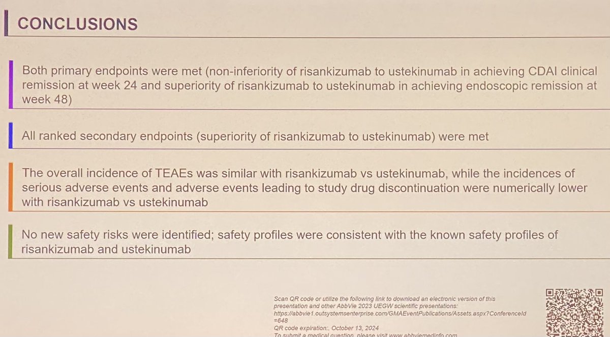 🚨 #UEGWeek Phase 3b SEQUENCE: RZB vs UST for pts with #CD

✅Primary endpoints BOTH met:
📌RZB non-inferior to UST for clinical remission at wk 24
📌RZB superior to UST for endoscopic remission at wk 48❗️

💎 Superiority for all secondary endpoints, similar safety profiles