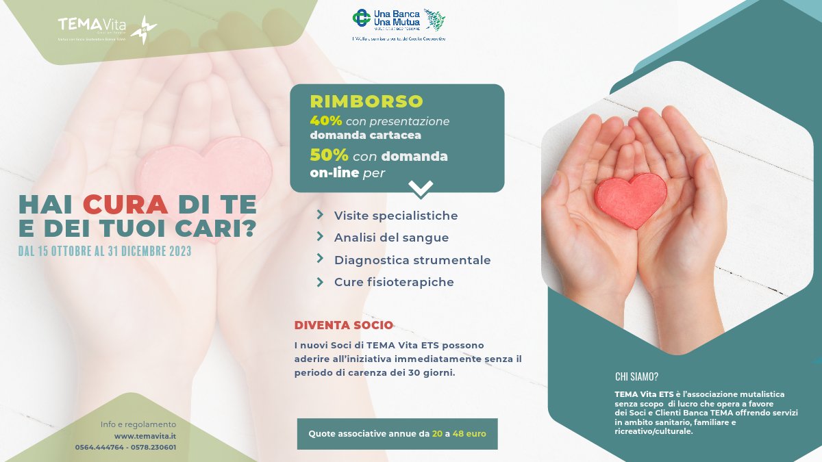 TEMAVita's tweet photo. Nuova Campagna di Prevenzione Sanitaria
dal #15ottobre al #31dicembre

Rimborso spese sanitarie fino al 50% per

- Visite specialistiche
- Analisi del sangue
- Diagnostica strumentale
- Cure fisioterapiche

Info e regolamenti https://t.co/GBtt3861yY https://t.co/aEExnjuYjH