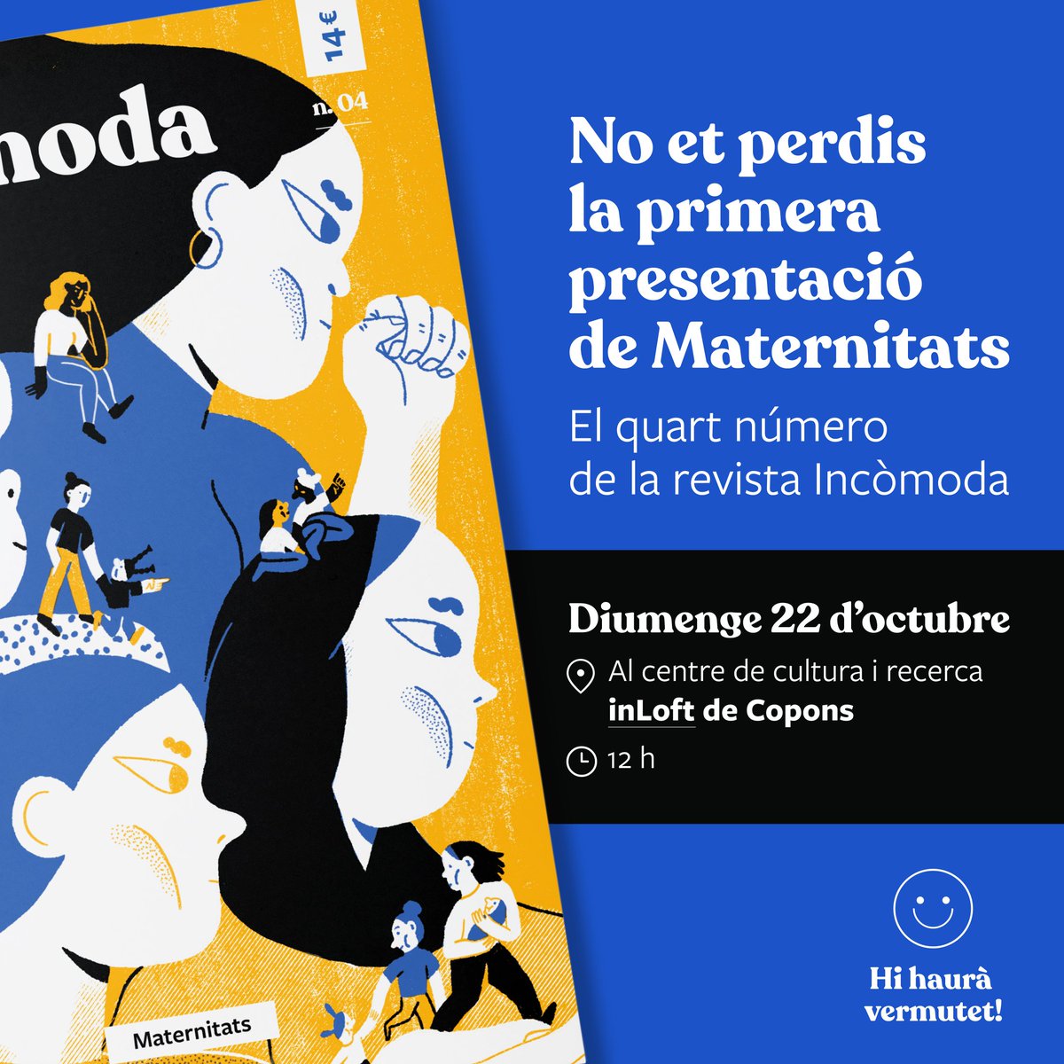 moix_maria's tweet photo. 💥Apunteu-vos la data!💥

El pròxim diumenge 22 d'octubre presentarem el quart número de la revista a @coponsinloft. Aquesta vegada dedicada a les maternitats. Parlarem amb la Paula Guarro i la Janna González sobre violència obstètrica. No us ho perdeu!

PD: Hi haurà vermutet!🍻 https://t.co/331n7Bctma