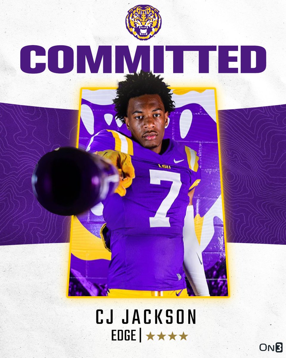 On3 Recruits (@on3recruits) on Twitter photo 🚨BREAKING🚨 4-star EDGE CJ Jackson has committed to LSU, he tells <a href="/ChadSimmons_/">ChadSimmons</a>🐯
He ranks No. 64 NATL (No. 7 EDGE) in the 2024 On300‼️
Read: on3.com/college/lsu-ti… 🚨BREAKING🚨 4-star EDGE CJ Jackson has committed to LSU, he tells <a href="/ChadSimmons_/">ChadSimmons</a>🐯
He ranks No. 64 NATL (No. 7 EDGE) in the 2024 On300‼️
Read: on3.com/college/lsu-ti…