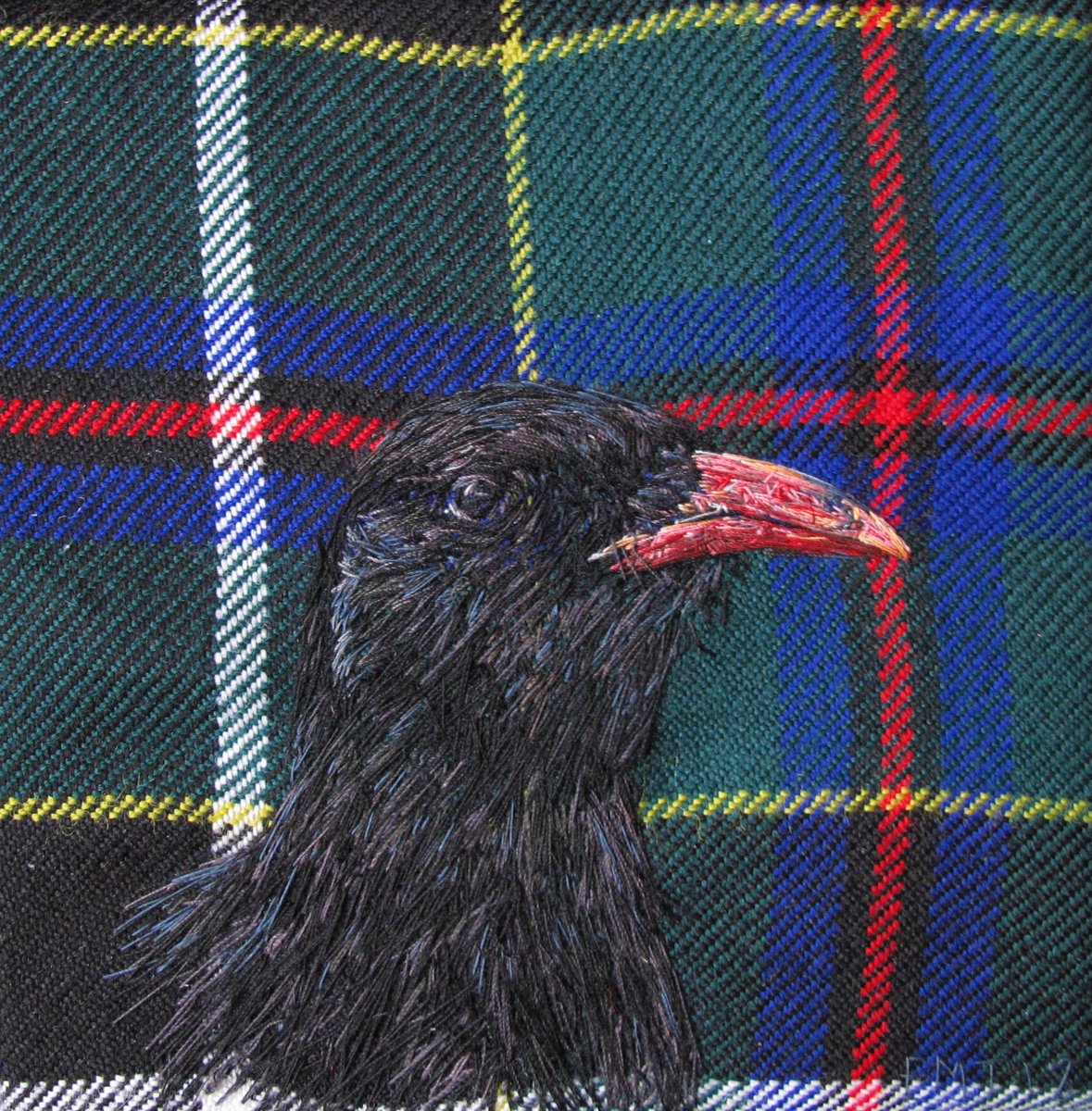 Chough artwork original bird thread painting created with hand stitching on Cornish tartan. Comes in a black frame. emilytull.co.uk/store/p106/cho… #CornishChough #ShopIndie #HandmadHour