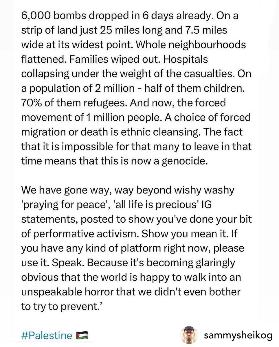 A government using its own greed for power (bc, let’s be real, no one believes Hamas blindsided them) to justify ethnic cleansing, &amp; gaslighting the world into believing otherwise, is vile. Allowing ourselves to be gaslit is equally so. Let’s do better.
#Gaza 🕊️
#Gazagenocide