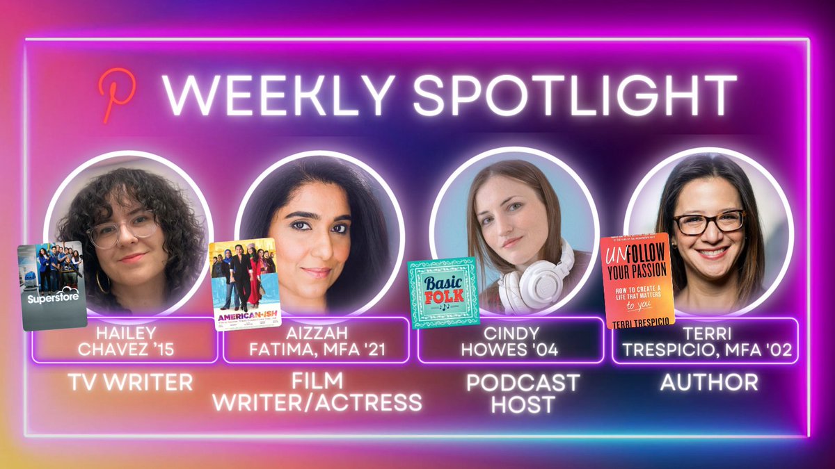 This week’s Pinterest Highlight is here
📌
Hailey Chavez ’15 (TV Writer), Aizzah Fatima, MFA '21 (Film Writer/Actress), Cindy Howes '04 (Podcast Host), and Terri Trespicio, MFA '02 (Author)
.
Visit our Pinterest to see more: pinterest.com/emersonalumni/