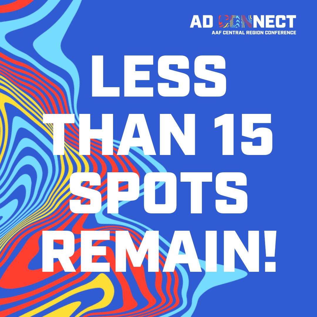 We’ve kept registration open just a little bit longer! With less than 15 spots remaining for the AAF Central Region Conference make sure you don’t miss out on this amazing opportunity for professional development in Des Moines next week. 
aafcentralregion.org/conference