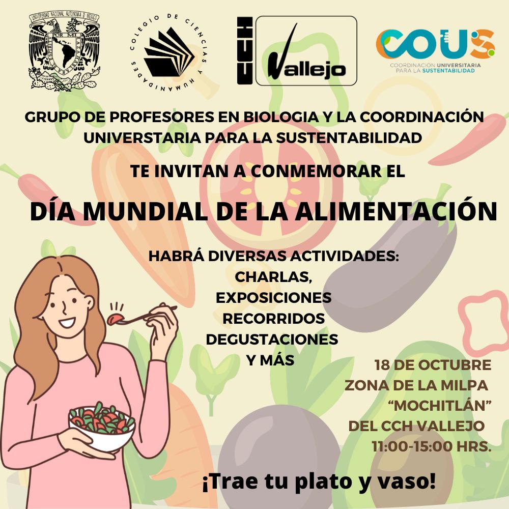 CCHVallejo_Ofi's tweet photo. Conmemoremos como comunidad el #DíaMundialDeLaAlimentación en nuestra milpa #Mochitlan
Te esperamos el miércoles 18 de octubre a partir de las 11 horas.
Tendremos charlas, expos, recorridos, degustaciones y mucho más.
¡No olvides traer tu plato y vaso!
#SomosComunidad https://t.co/gHhaj0fnJO