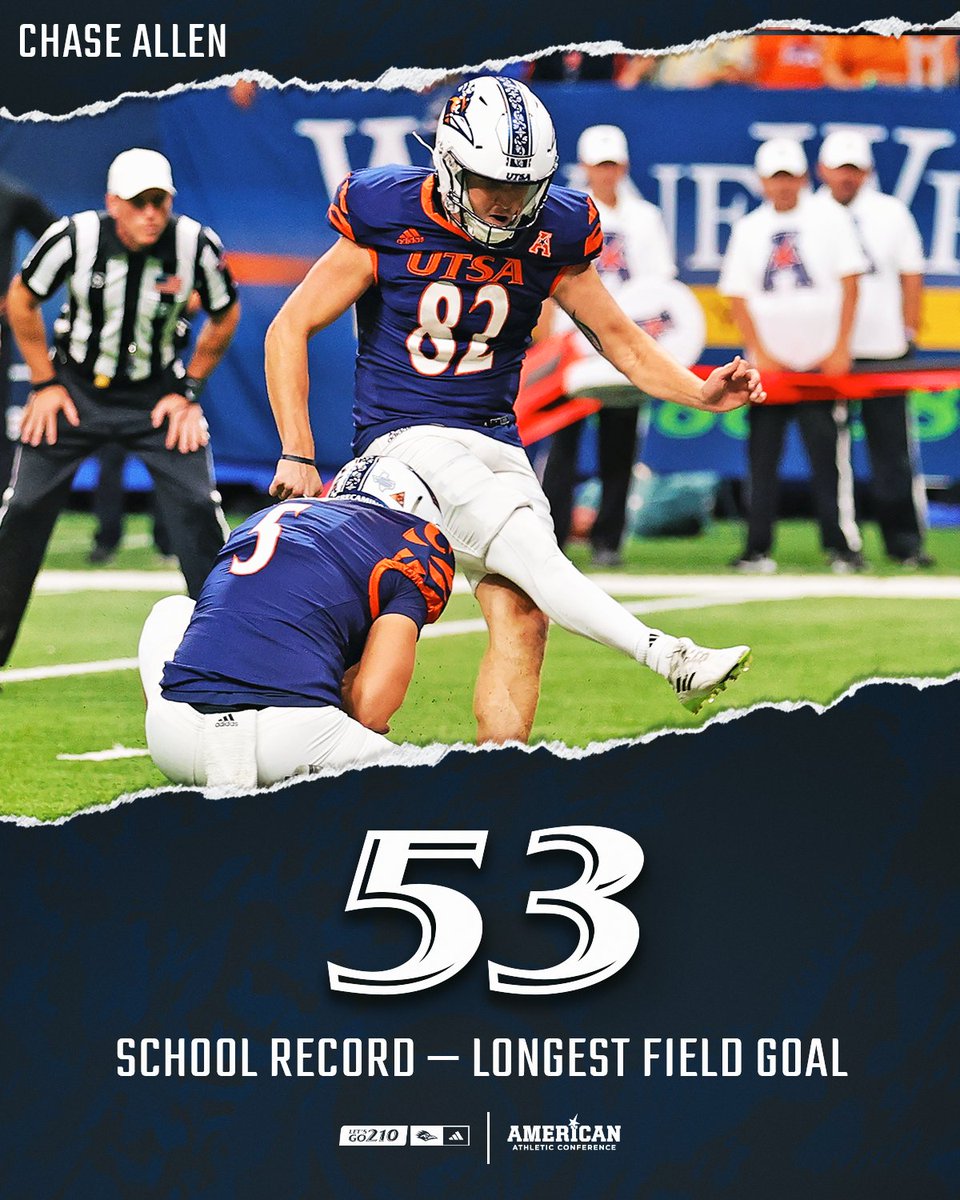 🚨𝐒𝐂𝐇𝐎𝐎𝐋 𝐑𝐄𝐂𝐎𝐑𝐃🚨 UTSA place-kicker Chase Allen matched the school record for longest field goal with a 53-yarder on Saturday night in the win over UAB. #210TriangleOfToughness #LetsGo210 | #BirdsUp 🤙