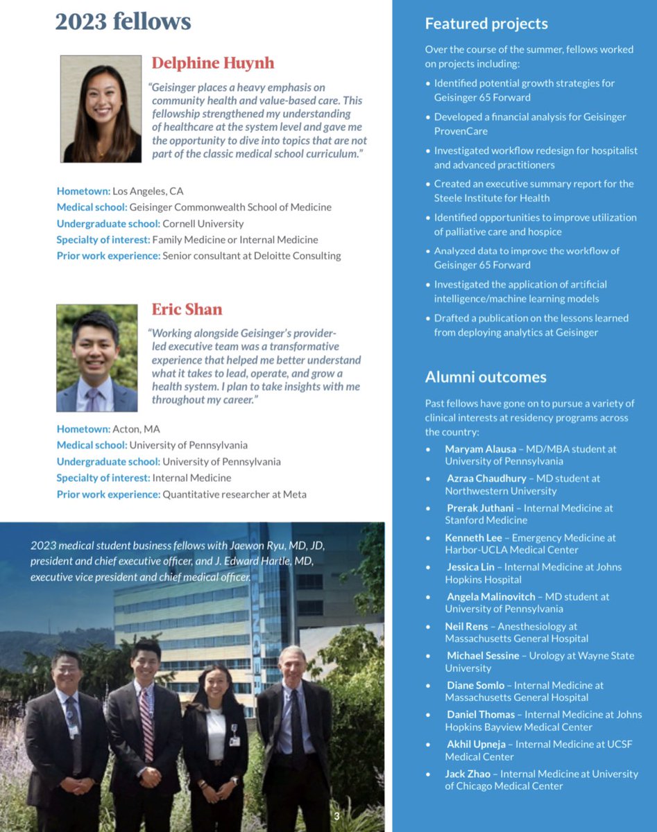 Apply for the Geisinger Medical Student Business Fellowship, a unique #meded opportunity to learn about healthcare leadership &amp; operations! Our alumni match into fantastic residency programs (medical and surgical).

Deadline is Jan 10, 2024. 

geisinger.org/health-profess…