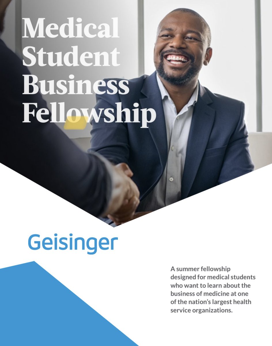 andrewdluo's tweet photo. Apply for the Geisinger Medical Student Business Fellowship, a unique #meded opportunity to learn about healthcare leadership &amp; operations! Our alumni match into fantastic residency programs (medical and surgical).

Deadline is Jan 10, 2024. 

https://t.co/E1ihQgIc8p https://t.co/TnGjl6wOS1