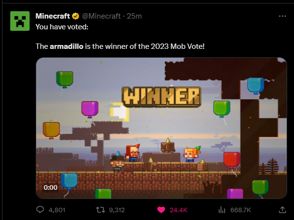Enderman's tweet photo. How the f*ck did the Armadillo win the Minecraft Mob vote... https://t.co/MiaHGk318r
