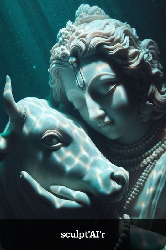 AiSculpt's tweet photo. @patricialeveq Hi. Thanks for the prompt. I like bringing together AI and sculpture. Here I have tried to bring alive the popular Indian God Krishna in his gwala (cow herd) form with his dear cow. Hope you like it. https://t.co/7g2tPXVtht