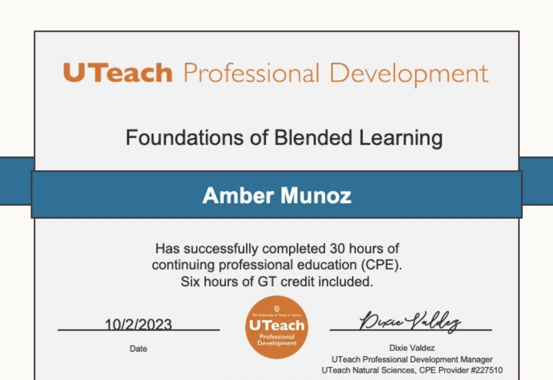 AmberM2022's tweet photo. Finished my blended learning course this month and I’m excited to apply all the things I learned in this course into my classroom!🎉 @UTeachPD https://t.co/mVCNLi8sMU