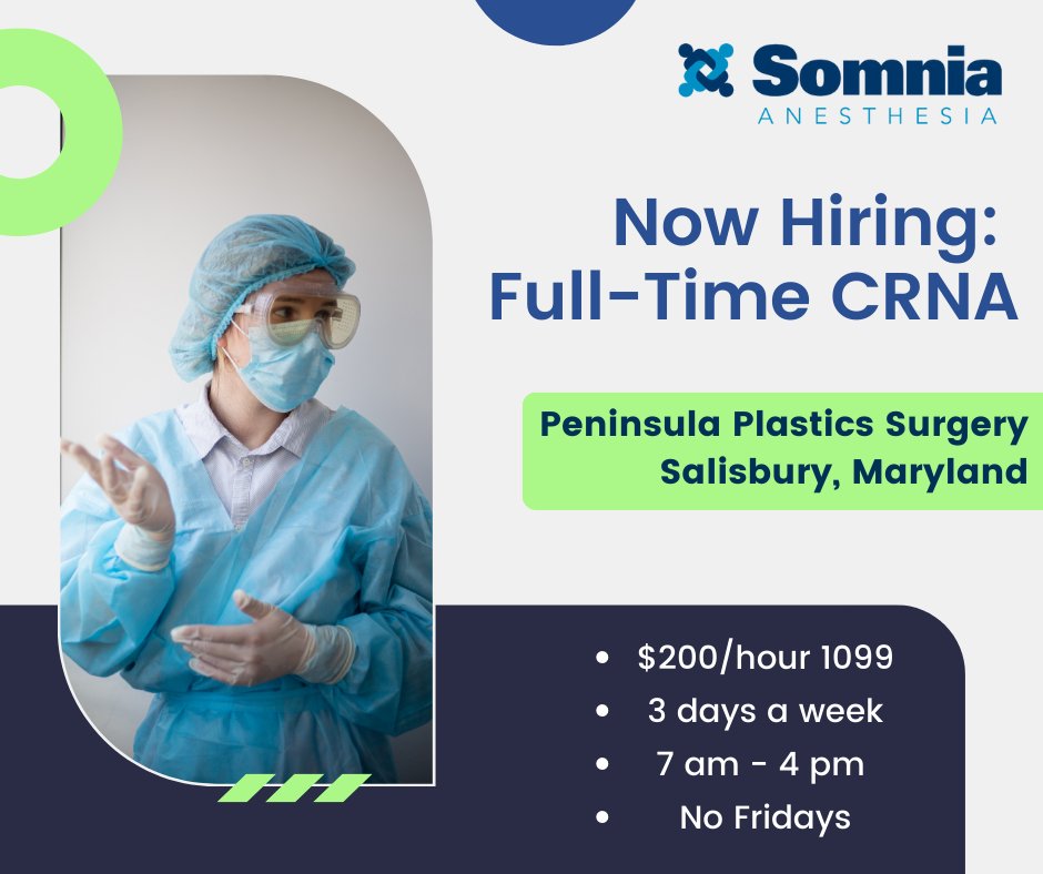 SomniaInc's tweet photo. Great place to work in Salisbury, MD! Peninsula Plastics Surgery is hiring part-time CRNAs. Apply today at https://t.co/wVNhB8iR1f #AnesthesiaPartner #HospitalAnesthesia https://t.co/KvleT1RH8p