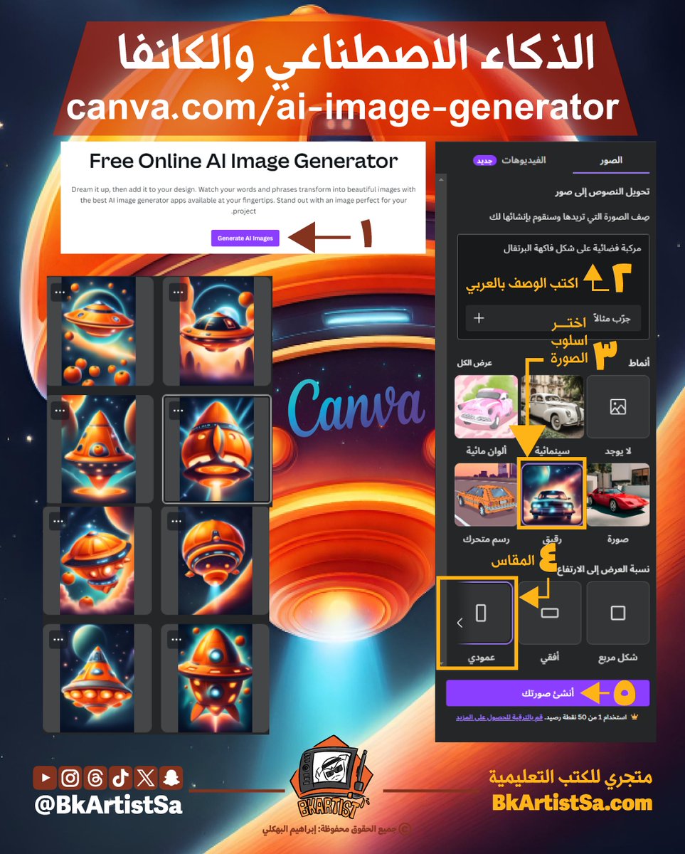 تقدر من خلال الكانفا تستخدم الذكاء الاصطناعي لإنشاء وصف باللغة العربية
 
canva.com/ai-image-gener…

طلبت منه بالعربي 
مركبة فضائية على شكل فاكهة البرتقال 

وحصلت على هذه النتائج مجاناً