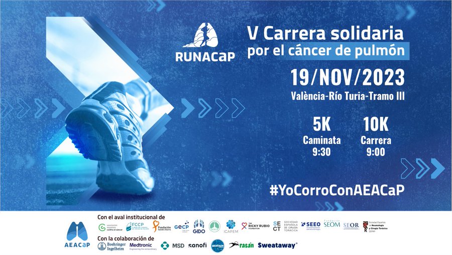 AjuntamentVLC's tweet photo. 👟La V carrera solidaria #Runacap de la Asociación Española de Afectados de #CáncerDePulmón, @AEACaP, llega a #València
🗓️Será el 19/11, coincidiendo con el día internacional de esta enfermedad🔵
✍️ Inscríbete en la carrera de 10K o la caminata de 5K
🔗 https://t.co/5yJzHM002d https://t.co/ZL3o97nEpd