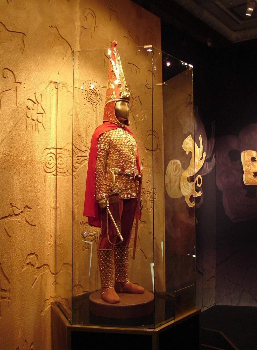 archeohistories's tweet photo. An unusually rich “Scythian” burial, dated around 3rd-2nd Century BC, was found in 1969 near Issik, near Alma Ata (Almaty), Kazakhstan.

It included a silver drinking bowl containing engraved “runic” writing, along with a sword and hundreds of golden decorations that were sewn onto clothes of deceased.

This was topped by a very tall conical headdress, a type that was similar to those worn by women in Asia on ceremonial occasions. Sex of person buried in Issik is not certain but may have been a princess, since among her possessions there were also sewing needles.

Some researchers considered that "Golden man of Issyk" was belonged to a Scythian (Saka) soldier, who possibly buried in this tomb or guarding Scythian princess in the after-world.

Kazak Museum of Archaeology, Almaty 

- Subscribe for Weekly Newsletter -
https://t.co/QSjn4yGpeh

#archaeohistories