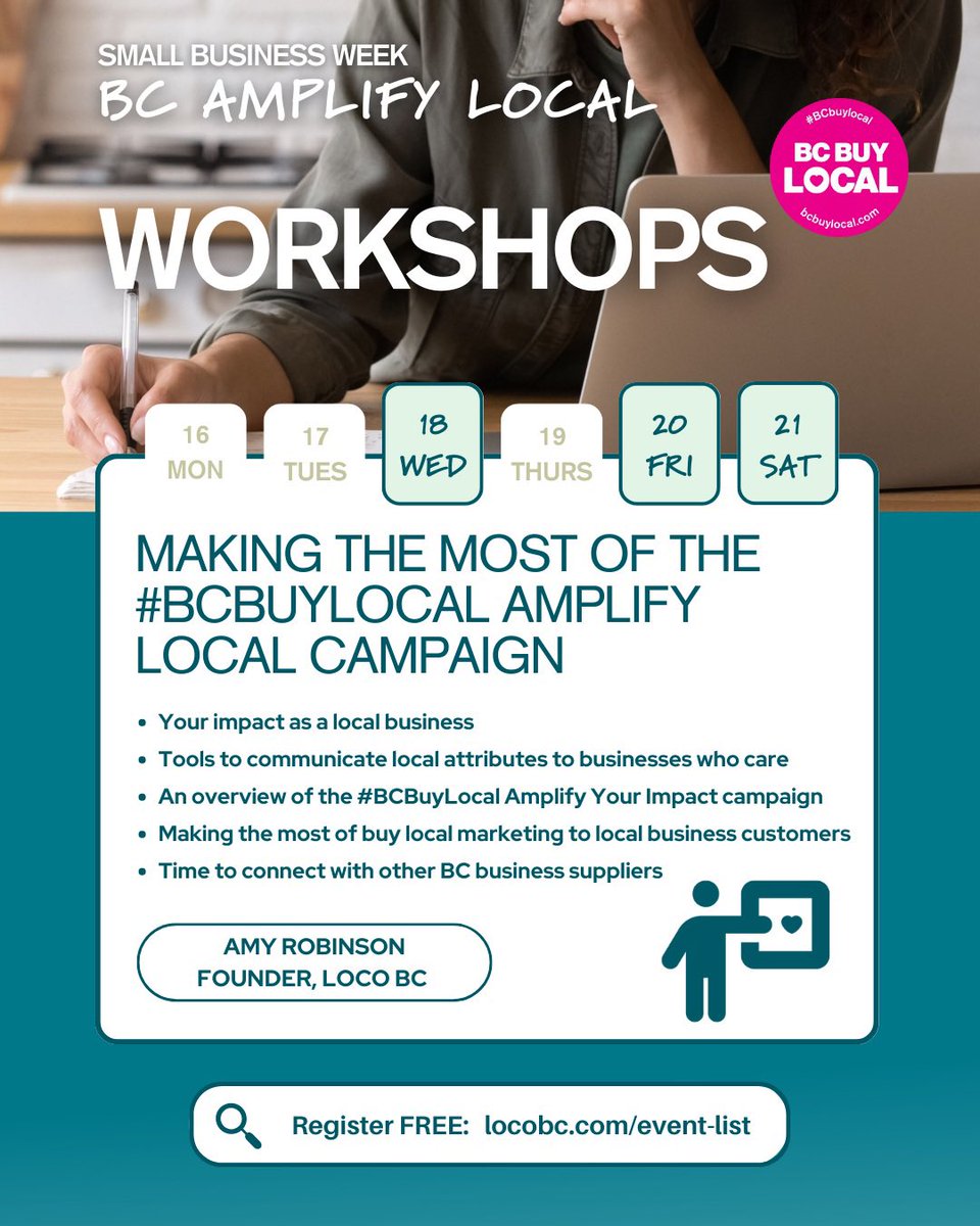 This #SmallBusinessWeek join us for FREE BC Amplify Local Workshops!

🔍 Understand your local supply chain
🫱🏽‍🫲🏻 Connect with local suppliers &amp; businesses
📚 Access resources to share your impact

Let's strengthen our small business community! 🤲🏽
#BCBuyLocal #BCAmplifyLocal