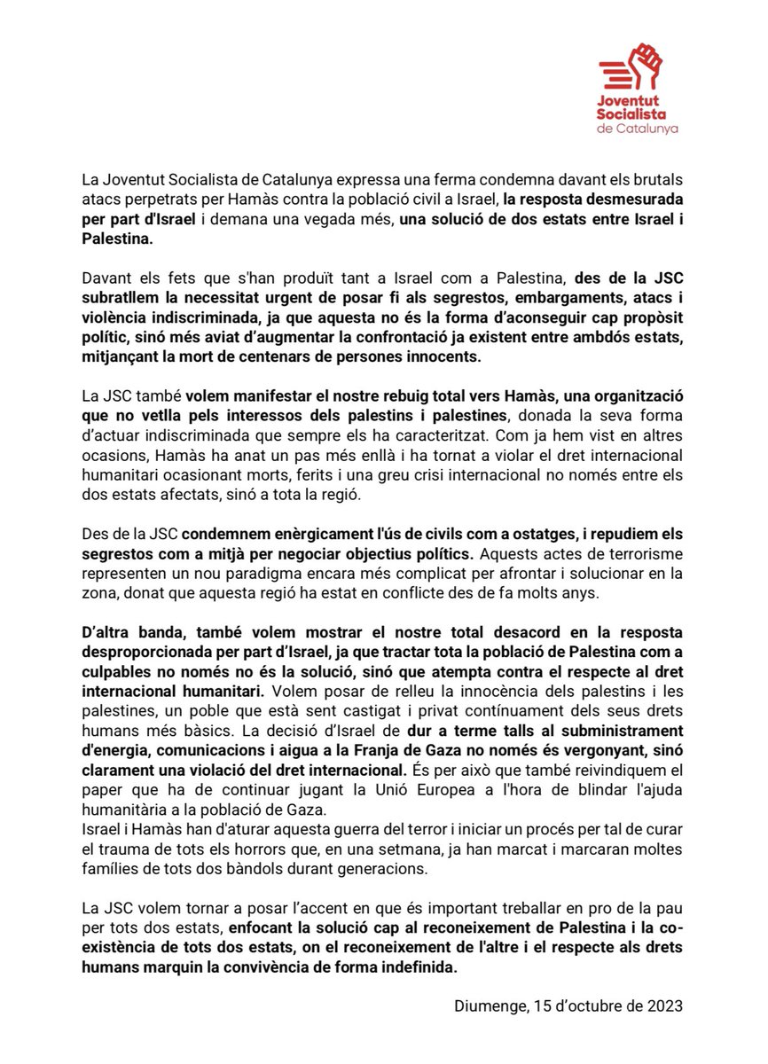 jsccatalunya's tweet photo. 📢📋 Comunicat de la Joventut Socialista de Catalunya sobre el conflicte Israel - Palestina. https://t.co/w36pwAlQXg