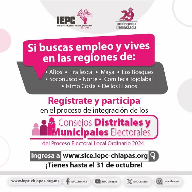 IEPCChiapas's tweet photo. 🚨¡ATENCIÓN¡🚨
OPORTUNIDAD DE EMPLEO TEMPORAL

Si vives en alguna de las nueve regiones mencionadas en la imagen, el #IEPC te invita a registrar tu solicitud para participar en el proceso de selección de las personas que integrarán los Consejos Distritales y Municipales durante el Proceso Electoral Local Ordinario 2024 #PELO2024.