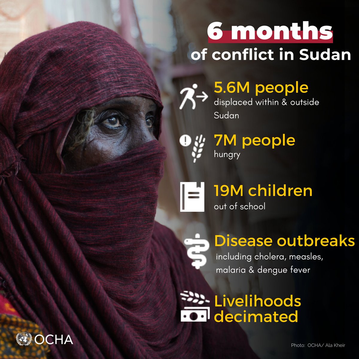 UNOCHA_Sudan's tweet photo. Today marks 6⃣ months of conflict in #Sudan.

This is the fastest unfolding crisis globally, with unprecedented needs in a short period of time.

1 in every 9 people in Sudan have fled their homes seeking safety since the fighting began in April.

The #CostOfInaction is too high. https://t.co/h8zybrBgQx
