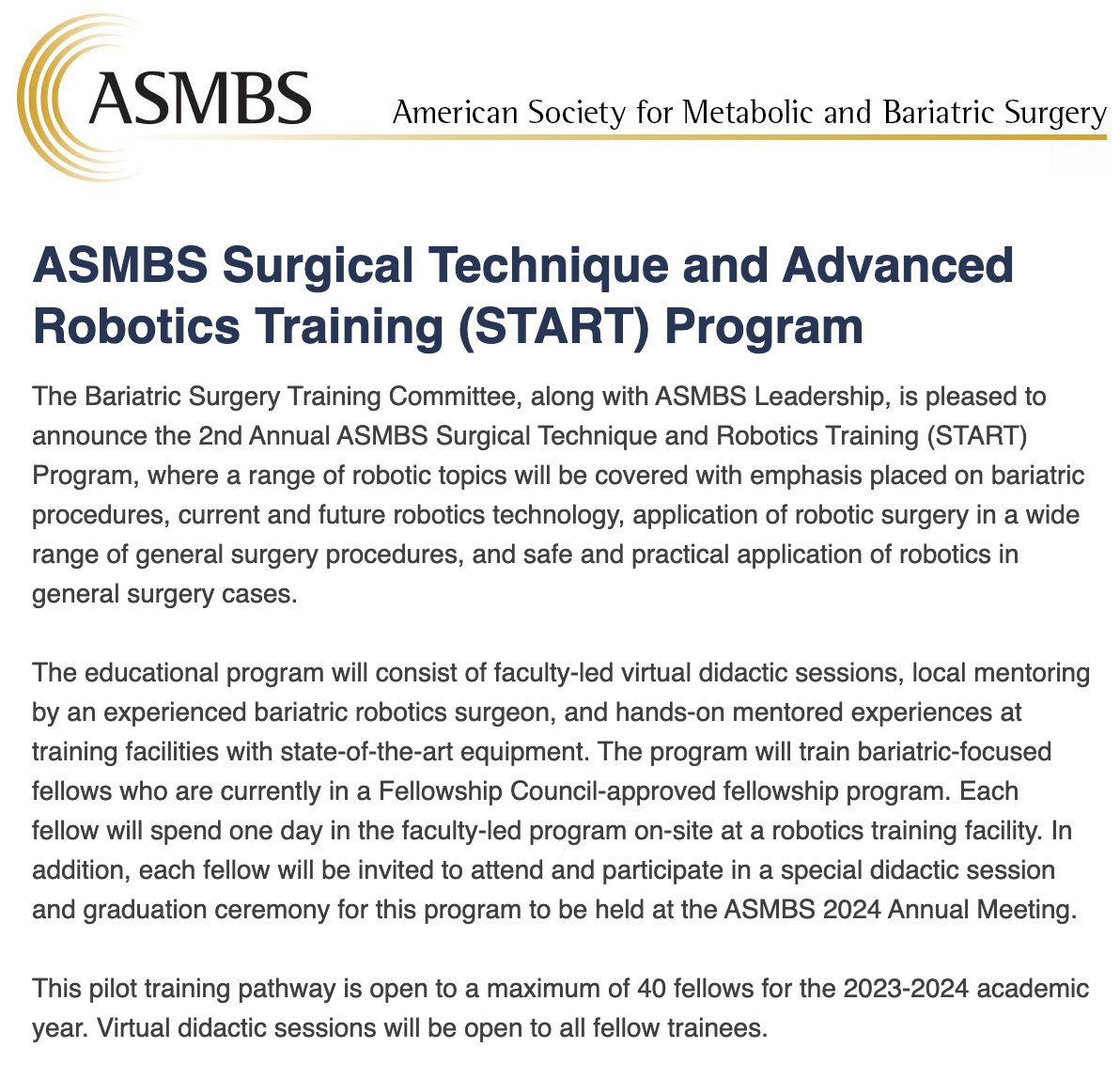 Calling all MIS/Bariatric fellows - applications for the 2023-2024 ASMBS START program for advanced robotic techniques in bariatric surgery are now open! @ASMBS @SOARD_JOURNAL @me4_so Apply here: asmbs.org/professional-e…