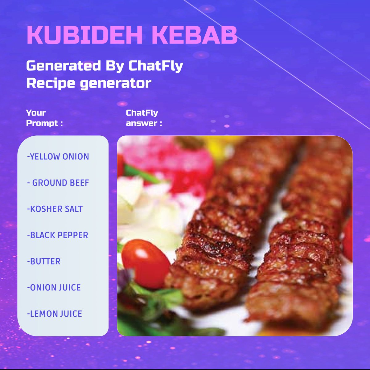 ChatFly_AI's tweet image. Blend onion, mix with beef, salt, pepper. Knead, chill 60 mins.
Preheat grill. Shape meat around skewers. Make sauce: Melt butter, add onion, lemon, salt.
Grill, flip 30 secs, 5-8 mins. Brush with sauce. Serve hot.😜

#INDvsPAK #KSIFury #bazarek #BamBam #USAGER #precht #WHS2023