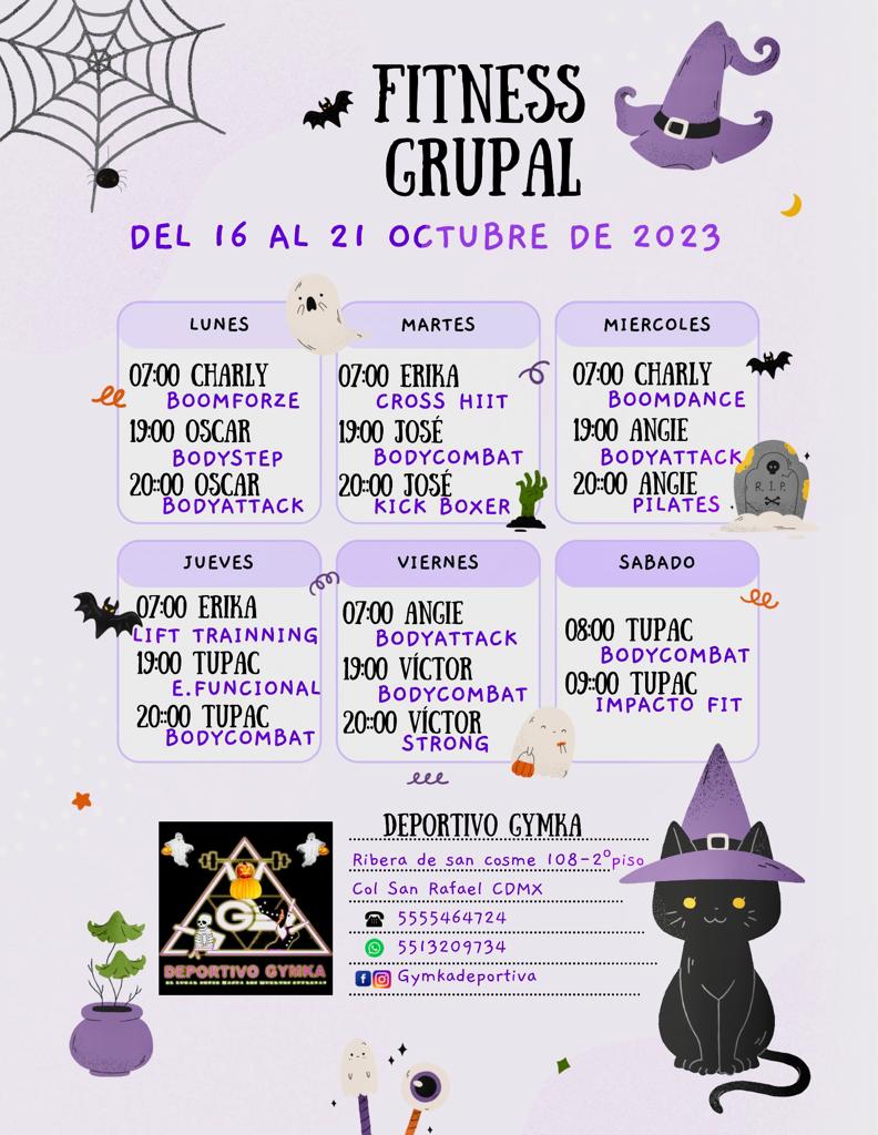 GYMKADEPORTIVA's tweet photo. Horarios Fitness Grupal del 16 al 21 de Octubre del 2023
#fit #fitnessboy #fitnessaddict #fitness #fitnessmotivation #saludybienestar #saludables #lesmillstribe #fitnesspro #fitnessgirl #fitnessboy #bodycombat #bodyattack #bodyattacklove #transferenciasbancarias #bodystep https://t.co/JE2gjnt1Yq
