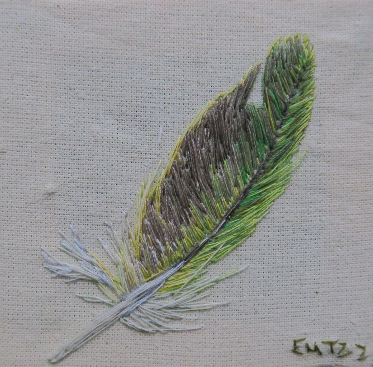 Parakeet Feather original miniature thread painting - created hand hand stitching. Framed artwork. emilytull.co.uk/store/p182/par… #EarlyBiz #MHHSBD #BirdArt