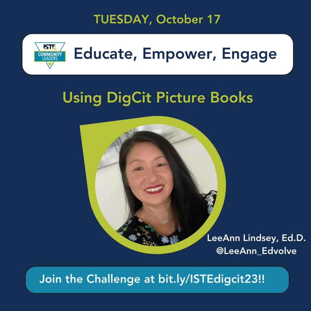 Happy Tuesday! @LeeAnn_Edvolve shares a few of her favorite picture books to teach #digcit and encourages you to look for them in your school library. ➡️ Get the dig cit booklist and all the details for the challenge at bit.ly/ISTEdigcit23!! #DigCit23 #EducateEmpowerEngage