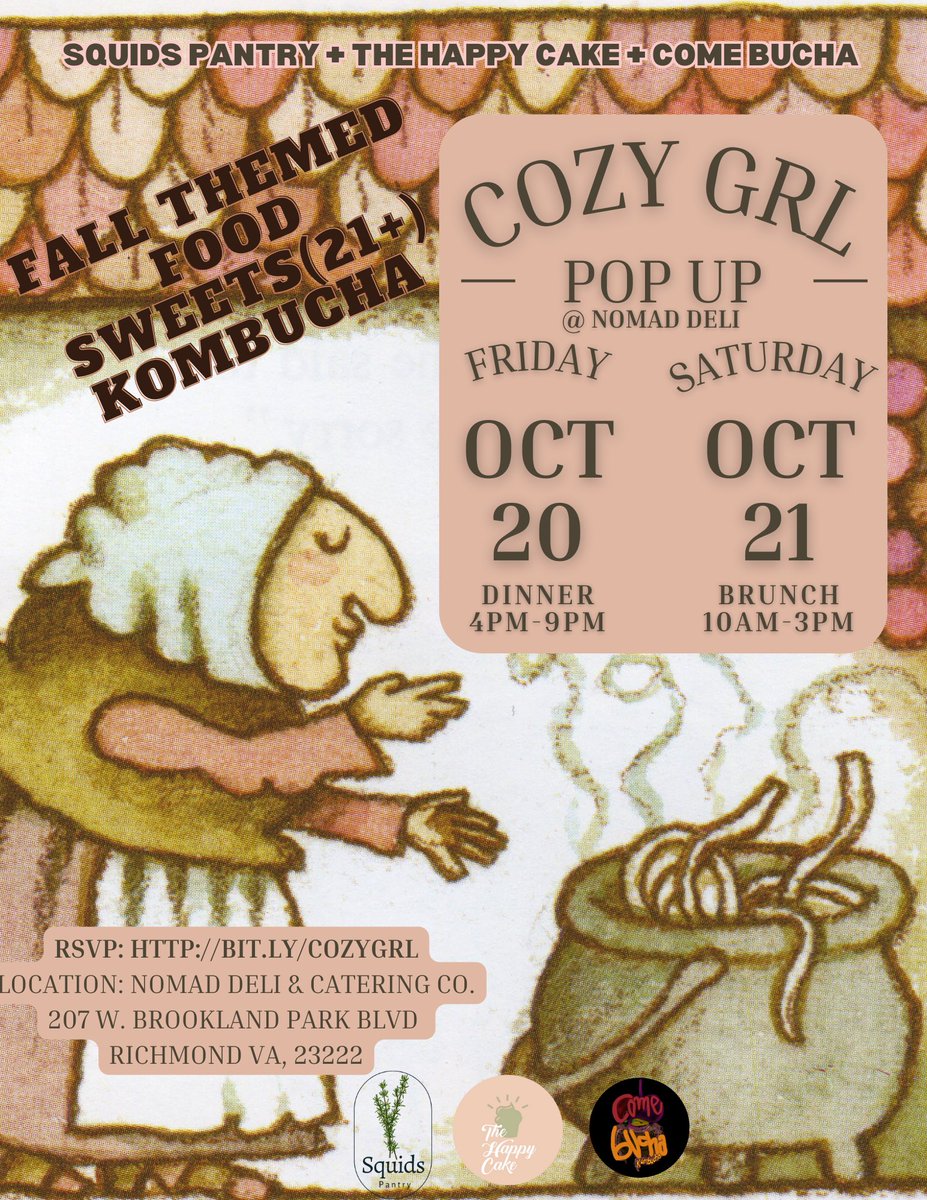 This event is going to be like if 🍂🍁 came to life

🎃🎃Cozy GrI Pop-Up🎃🎃
Fall 🍃 infused treats from <a href="/Ciao_Nini/">I AM NOT NICE</a> delicious bucha from <a href="/sayylaa_v/">shaquan's sister, suh'boota ✌🏾</a> and food from meeee!
Gather your besties and your sweaters and meet us at <a href="/nomaddelicc/">Nomad Deli</a> 🍃🎃🧶👻👩🏾‍🍳