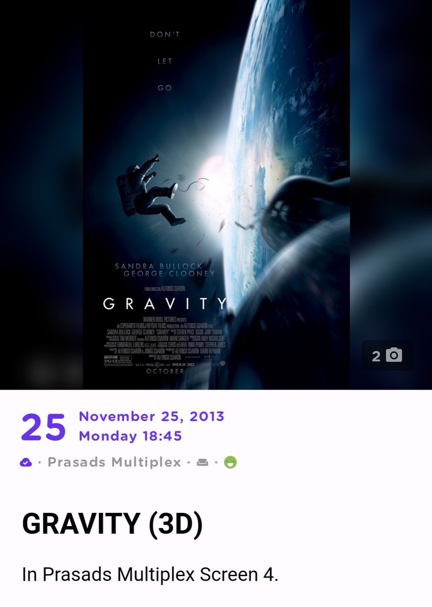 movie__maniac's tweet photo. 10 years ago, I watched #Gravity3D in #PrasadsMultiplex in Screen 4. Today I watched it again on the #PCX screen. I don't remember my Gravity movie's 1st time watching experience. But, I will remember PCX's #Gravity3D's experience all my lifetime.
@ursmohan_kumar https://t.co/pr8f5faDYA