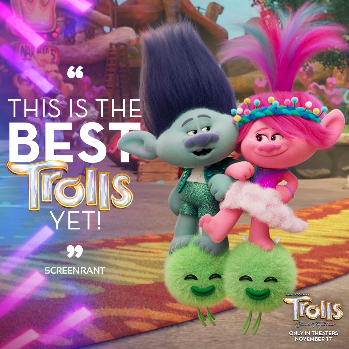 Trolls's tweet photo. In case you're wondering what's got Broppy smiling like that, it's the LOVEEE from all of you. 🤩 #TrollsBandTogether, only in theaters November 17. https://t.co/VISx00KIuE