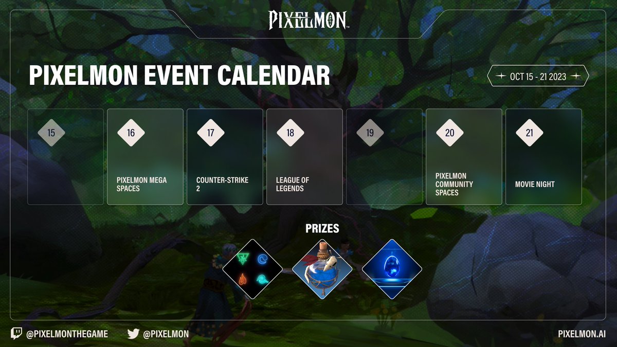 Check out this weeks discord events and some of the prizes for this month! 🗓️🏆

Let us know which event below you're looking forward to most! 👇

As always, check out the <a href="/Pixelmon/">Pixelmon 🔺</a> discord for more info!

discord.gg/thepixelmon
