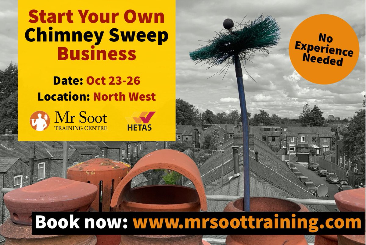 ⛔️ Sweep Shortage = Business Opportunity? 🤔

With an estimated THOUSANDS of customers across the UK unable to now get a sweeping appointment before Christmas, this is a great time to train as a <a href="/hetas_uk/">HETAS</a> chimney sweep.

Book online 👉 mr-soot.com/product/become…